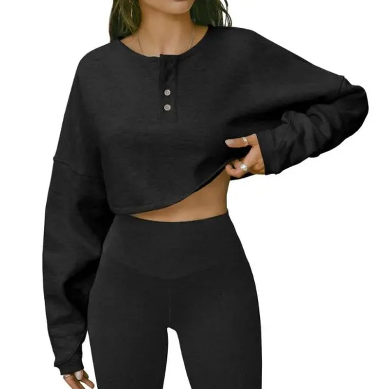 Fisoew Womens Long Sleeve Sweatshirt Tops Cropped Henley Neck Loose Fit Casual Workout Pullover Tee Shirts Fall Fashion