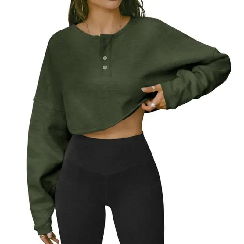 Fisoew Womens Long Sleeve Sweatshirt Tops Cropped Henley Neck Loose Fit Casual Workout Pullover Tee Shirts Fall Fashion