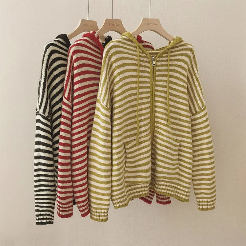 Women's Oversized Striped Knit Zip-Up Hooded Cardigan