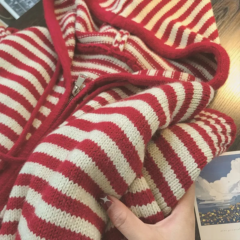 Women's Oversized Striped Knit Zip-Up Hooded Cardigan