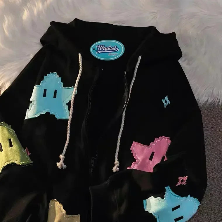 Unisex Oversized Patchwork Zip-Up Hoodie