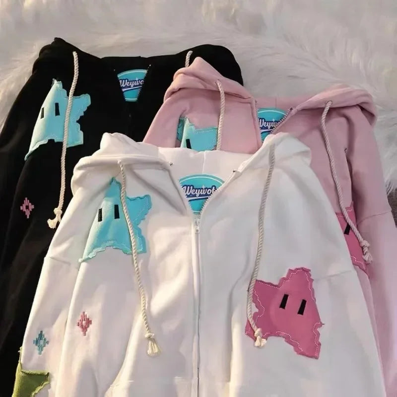 Unisex Oversized Patchwork Zip-Up Hoodie