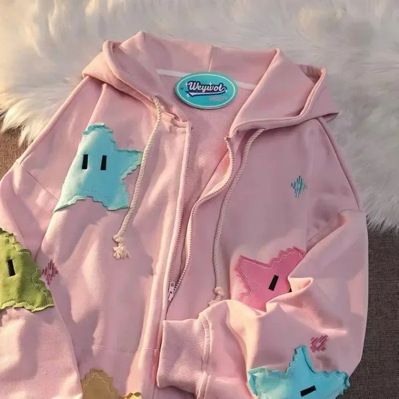 Unisex Oversized Patchwork Zip-Up Hoodie