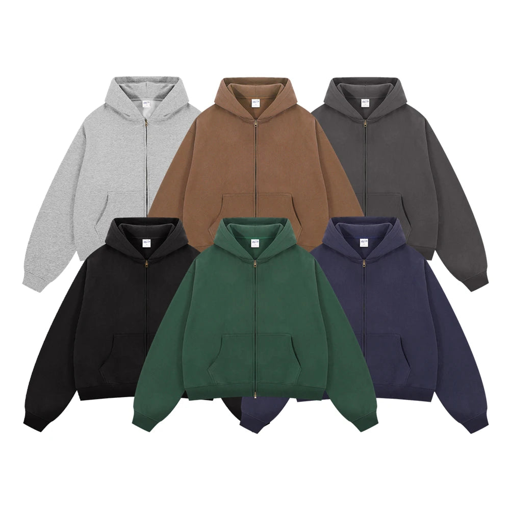 ZODF Trendy 2025 Winter Man Solid Fleece Boxy Hoodies Unisex 350gsm Double Head Zipper Hooded Sweatshirts Coat HY1122