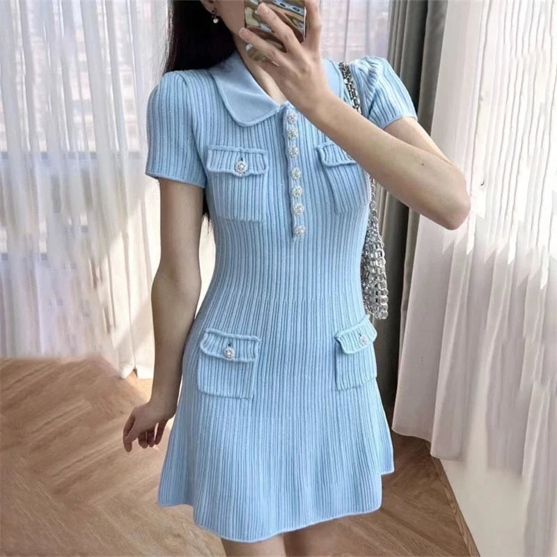 Women's Polo Collar Knit Mini Dress