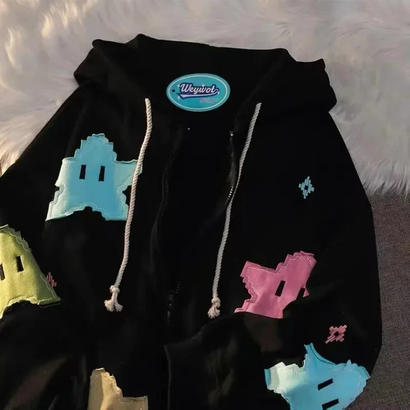Unisex Oversized Patchwork Zip-Up Hoodie