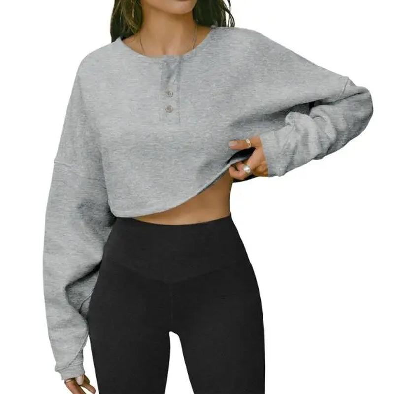 Fisoew Womens Long Sleeve Sweatshirt Tops Cropped Henley Neck Loose Fit Casual Workout Pullover Tee Shirts Fall Fashion