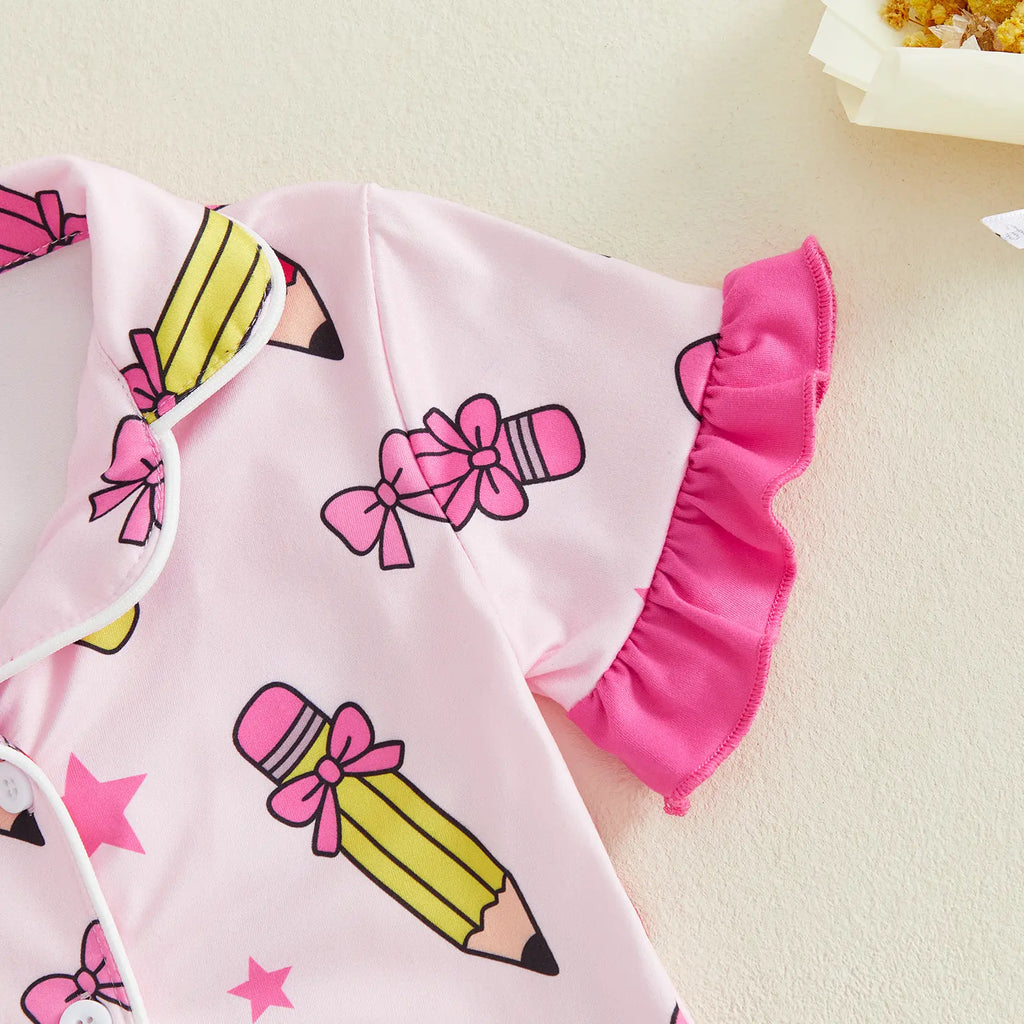 Toddler Girl Back to School Silk Pajamas Short Sleeve Apple Pencil Bow Print Shirt+Shorts First Day of School Outfit