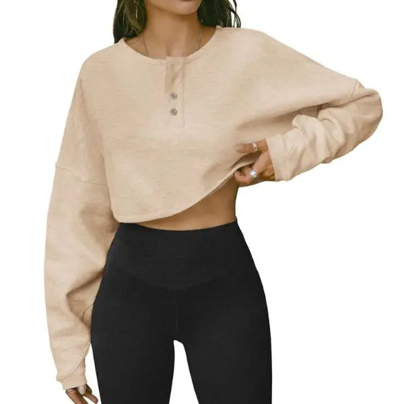 Fisoew Womens Long Sleeve Sweatshirt Tops Cropped Henley Neck Loose Fit Casual Workout Pullover Tee Shirts Fall Fashion