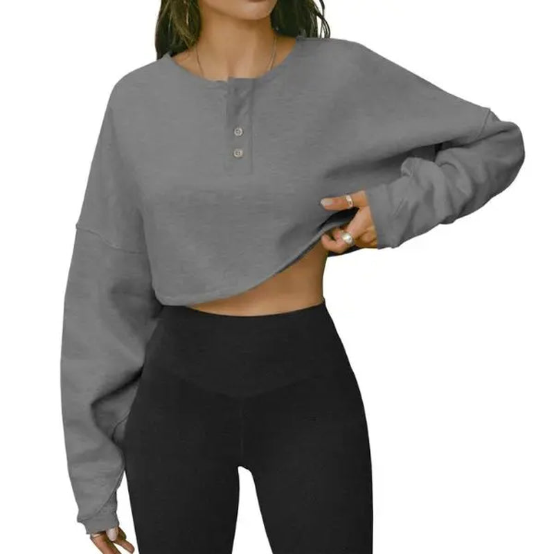Fisoew Womens Long Sleeve Sweatshirt Tops Cropped Henley Neck Loose Fit Casual Workout Pullover Tee Shirts Fall Fashion
