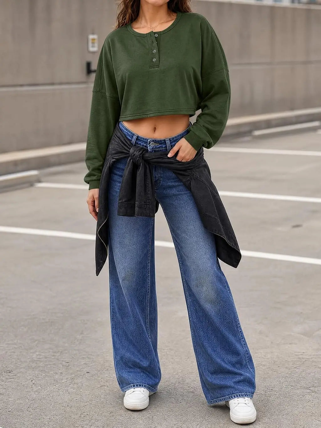 Fisoew Womens Long Sleeve Sweatshirt Tops Cropped Henley Neck Loose Fit Casual Workout Pullover Tee Shirts Fall Fashion
