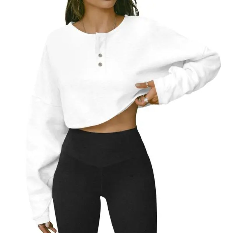 Fisoew Womens Long Sleeve Sweatshirt Tops Cropped Henley Neck Loose Fit Casual Workout Pullover Tee Shirts Fall Fashion